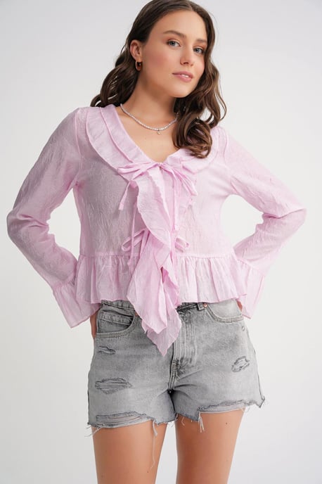 V-Neck Ruffle Blouse with Drawstring - Image 4