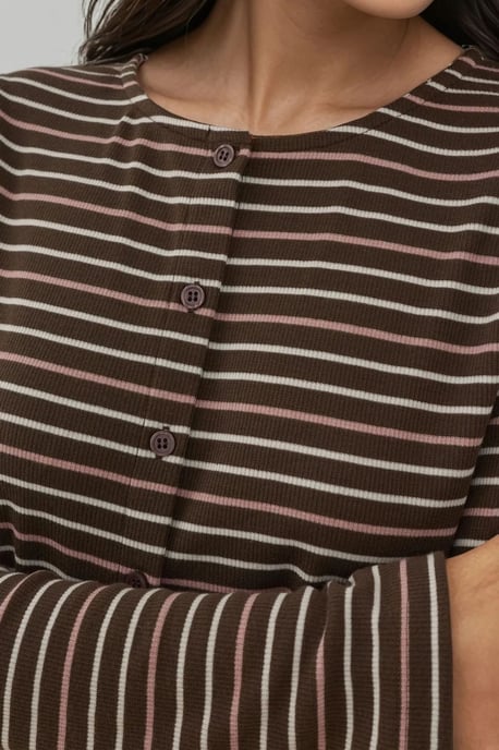 Crew Neck Basic Viscone Blended Buttoned Top - Image 2