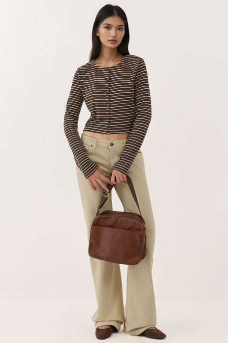 Crew Neck Basic Viscone Blended Buttoned Top - Image 3