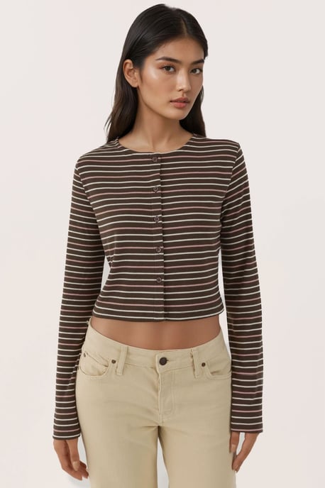 Crew Neck Basic Viscone Blended Buttoned Top - Image 4