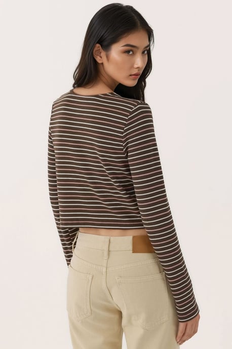 Crew Neck Basic Viscone Blended Buttoned Top - Image 5