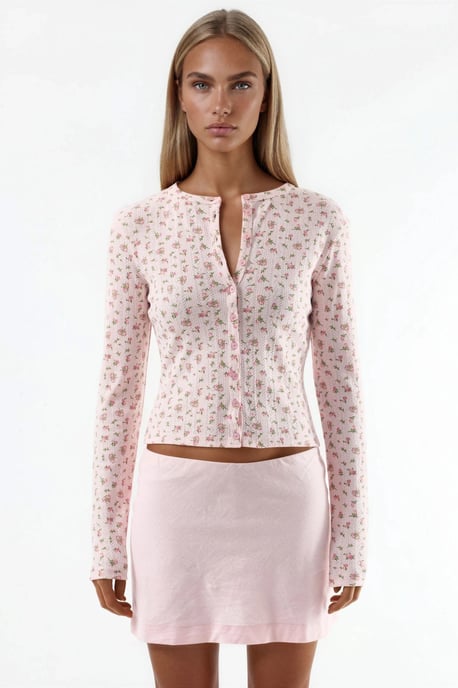 Floral Ribbed Crop Blouse with Button Closure - Image 5