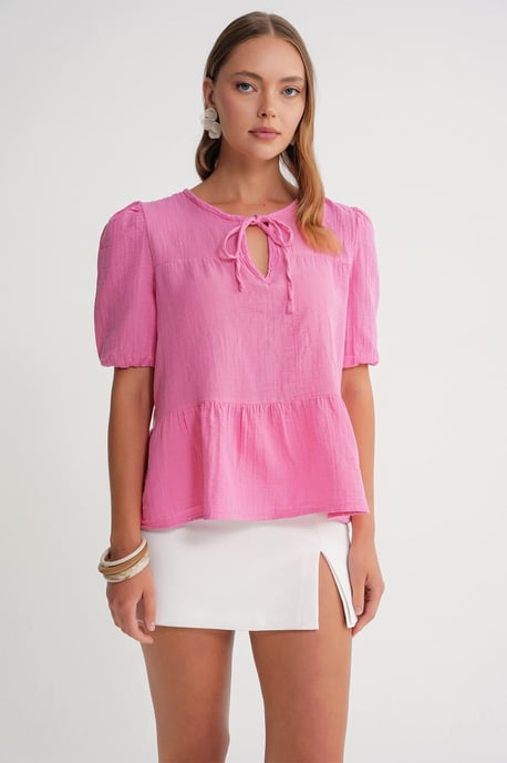 Gestructureerde Muslin Crew Neck Blouse met Binding Detail - Image 2