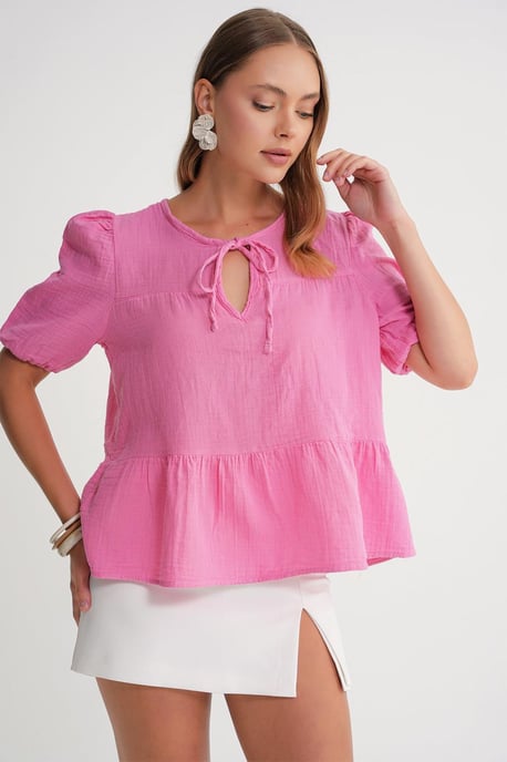 Gestructureerde Muslin Crew Neck Blouse met Binding Detail - Image 3