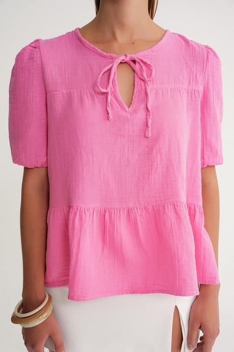 Gestructureerde Muslin Crew Neck Blouse met Binding Detail - Image 4