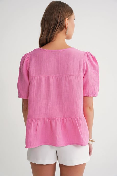 Gestructureerde Muslin Crew Neck Blouse met Binding Detail - Image 6