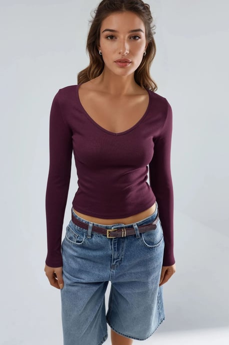 Fitted V-Neck Long Sleeve Blouse - Image 1