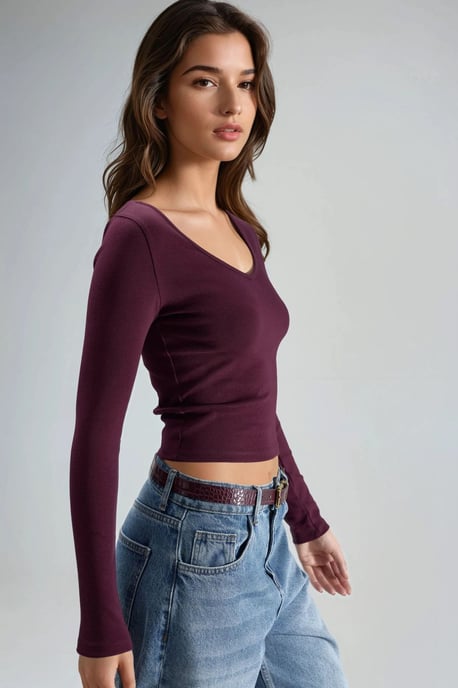 Fitted V-Neck Long Sleeve Blouse - Image 2