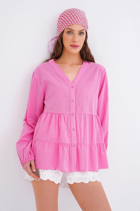 Long Sleeve Tiered V-Neck Blouse - Image 1