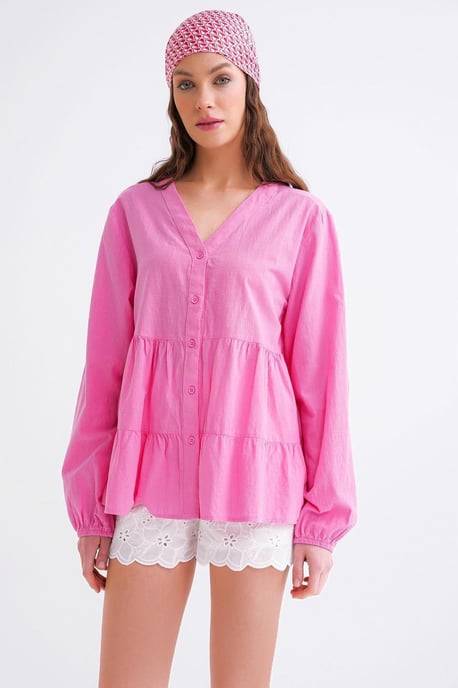 Long Sleeve Tiered V-Neck Blouse - Image 3