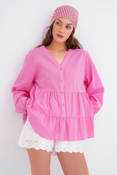 Long Sleeve Tiered V-Neck Blouse - Image 4
