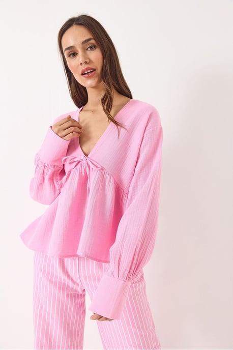 Gestructureerde V-hals Cropped Blouse met Strik - Image 2