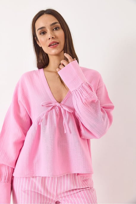 Gestructureerde V-hals Cropped Blouse met Strik - Image 3