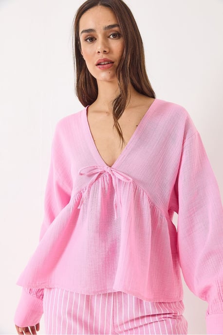 Gestructureerde V-hals Cropped Blouse met Strik - Image 4