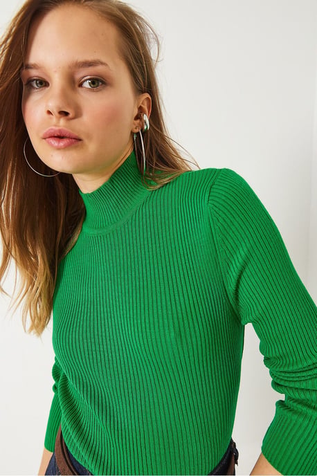 Texturerad Ribbad Polokrage Blus med Långa Ärmar - Image 3