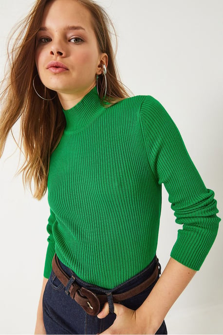 Texturerad Ribbad Polokrage Blus med Långa Ärmar - Image 4