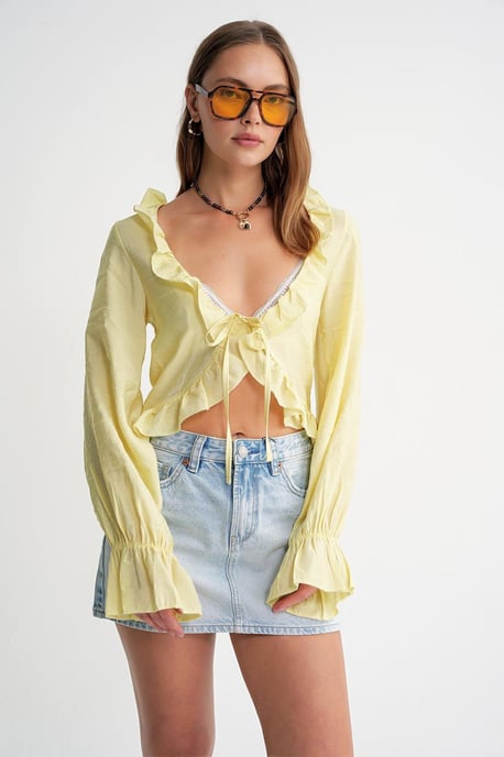 Rimpelige V-hals Lange Mouw Korte Blouse - Image 1