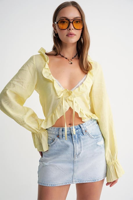 Rimpelige V-hals Lange Mouw Korte Blouse - Image 4