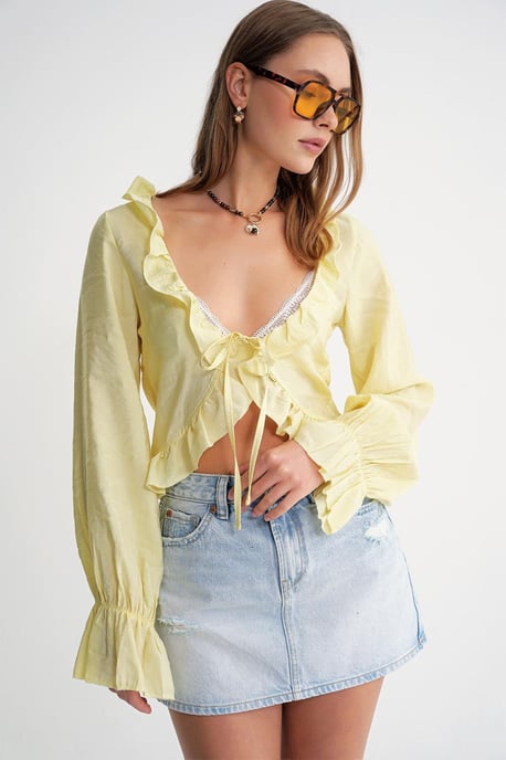 Rimpelige V-hals Lange Mouw Korte Blouse - Image 5