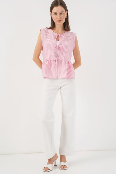 Randig Texturerad Blus med Slips - Image 2