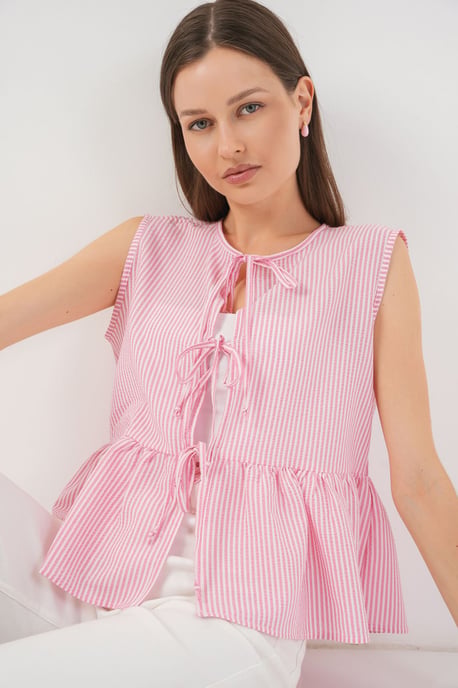 Randig Texturerad Blus med Slips - Image 3