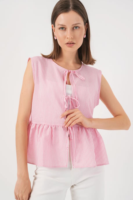 Randig Texturerad Blus med Slips - Image 4