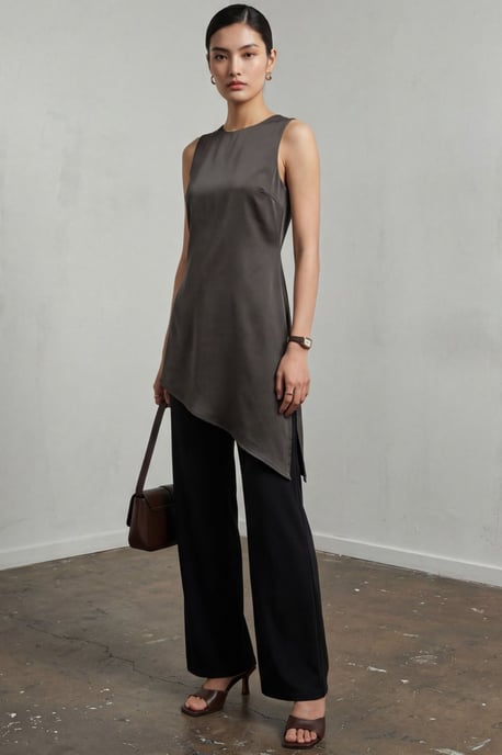 Satijnen Mouwloze Blouse met Ronde Hals en Split - Image 2