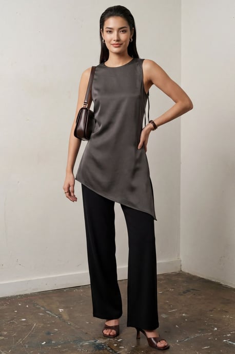 Satijnen Mouwloze Blouse met Ronde Hals en Split - Image 4