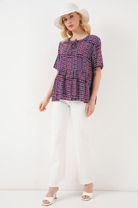 Patroon Blouse met Ronde Hals en Strikdetail - Image 2