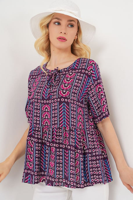 Patroon Blouse met Ronde Hals en Strikdetail - Image 3