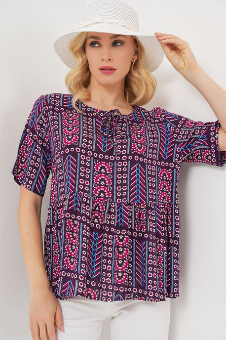 Patroon Blouse met Ronde Hals en Strikdetail - Image 4