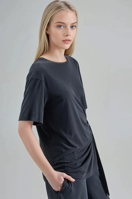 Losse Pasvorm Crew Neck Modal Blouse met Strikdetail - Image 2