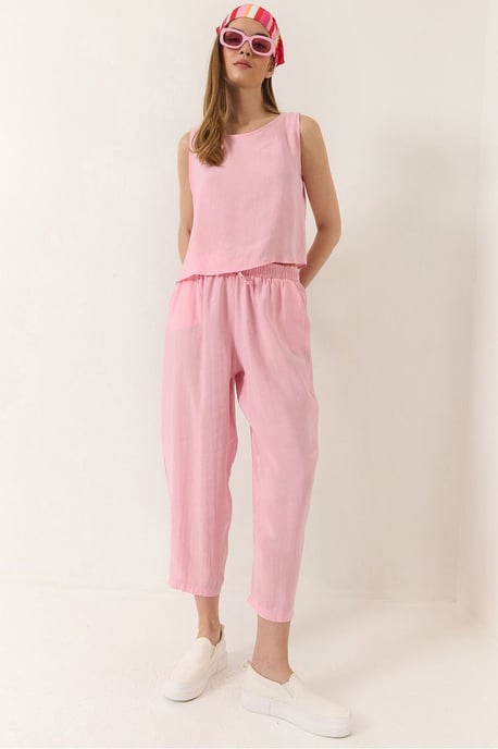 Mouwloze Crew Neck Blouse en Carrof Fıt Broek Set - Image 1