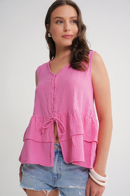 V-Neck Buttoned Cotton Blouse - Image 2