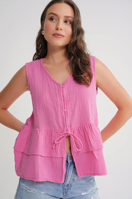 V-Neck Buttoned Cotton Blouse - Image 3