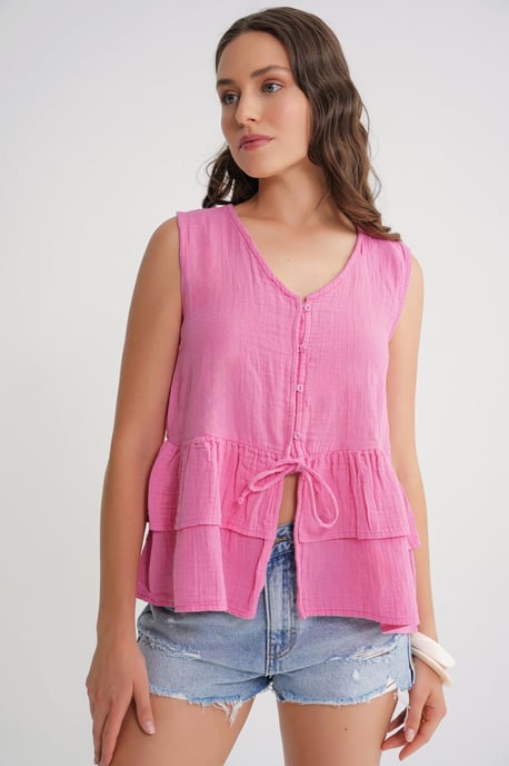 V-Neck Buttoned Cotton Blouse - Image 4