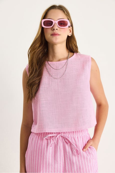 Linnenmix Korte Mouw Crew Neck Blouse - Image 2