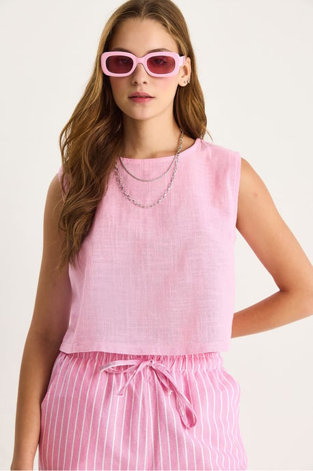 Linnenmix Korte Mouw Crew Neck Blouse - Image 3