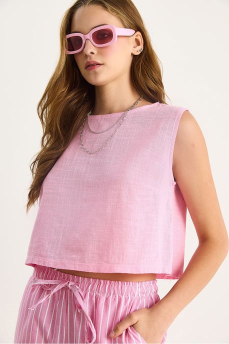 Linnenmix Korte Mouw Crew Neck Blouse - Image 4