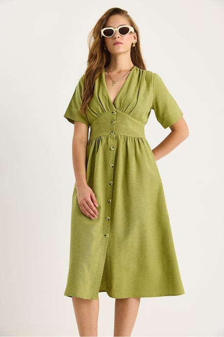 V-hals Knop Midi Shirt Jurk - Image 4