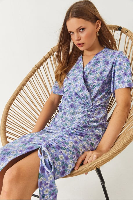 Bloemenprint V-hals Midi-jurk met Rimpeldetail - Image 3