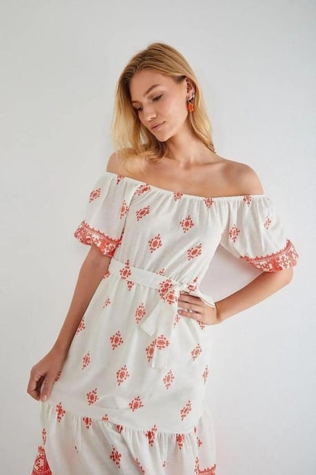 Blommig Off Shoulder Midi Klänning - Image 4