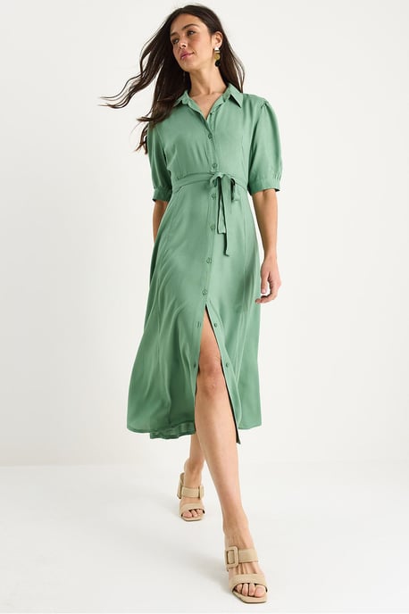 Button Closure Midi Dress with Shirt Collar - Image 1
