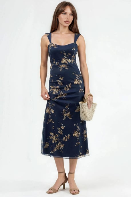 Floral Midi Dress with Heart Collar - Image 1