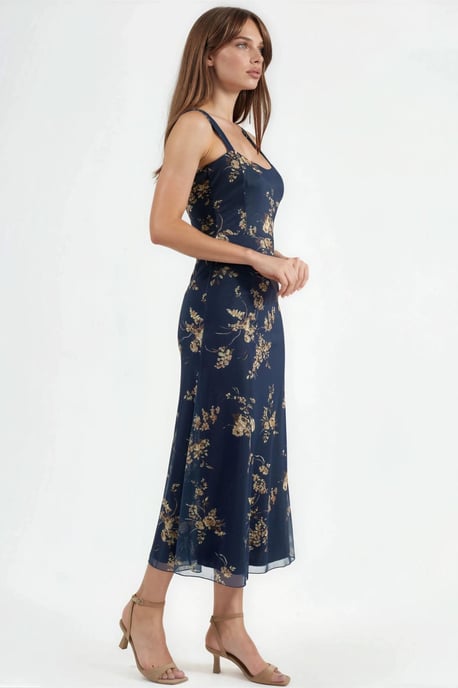 Floral Midi Dress with Heart Collar - Image 3