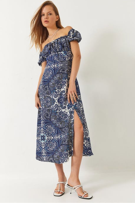 Mönstrad Bandeau Midi Klänning med Rynkknäppning - Image 1