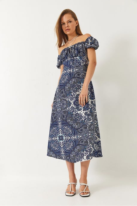 Mönstrad Bandeau Midi Klänning med Rynkknäppning - Image 2