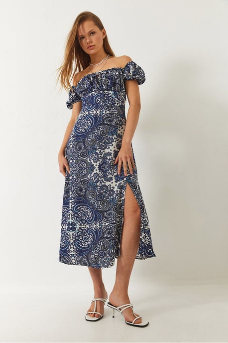 Mönstrad Bandeau Midi Klänning med Rynkknäppning - Image 3