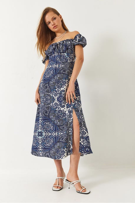Mönstrad Bandeau Midi Klänning med Rynkknäppning - Image 4