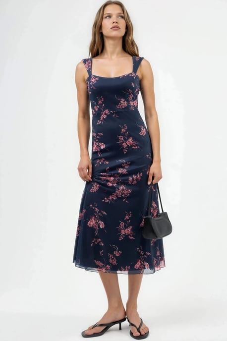 Floral Midi Dress with Heart Collar - Image 1
